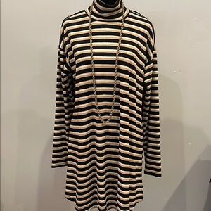 Striped Black/gold and silver  Turtleneck long sleeves sheath style dress